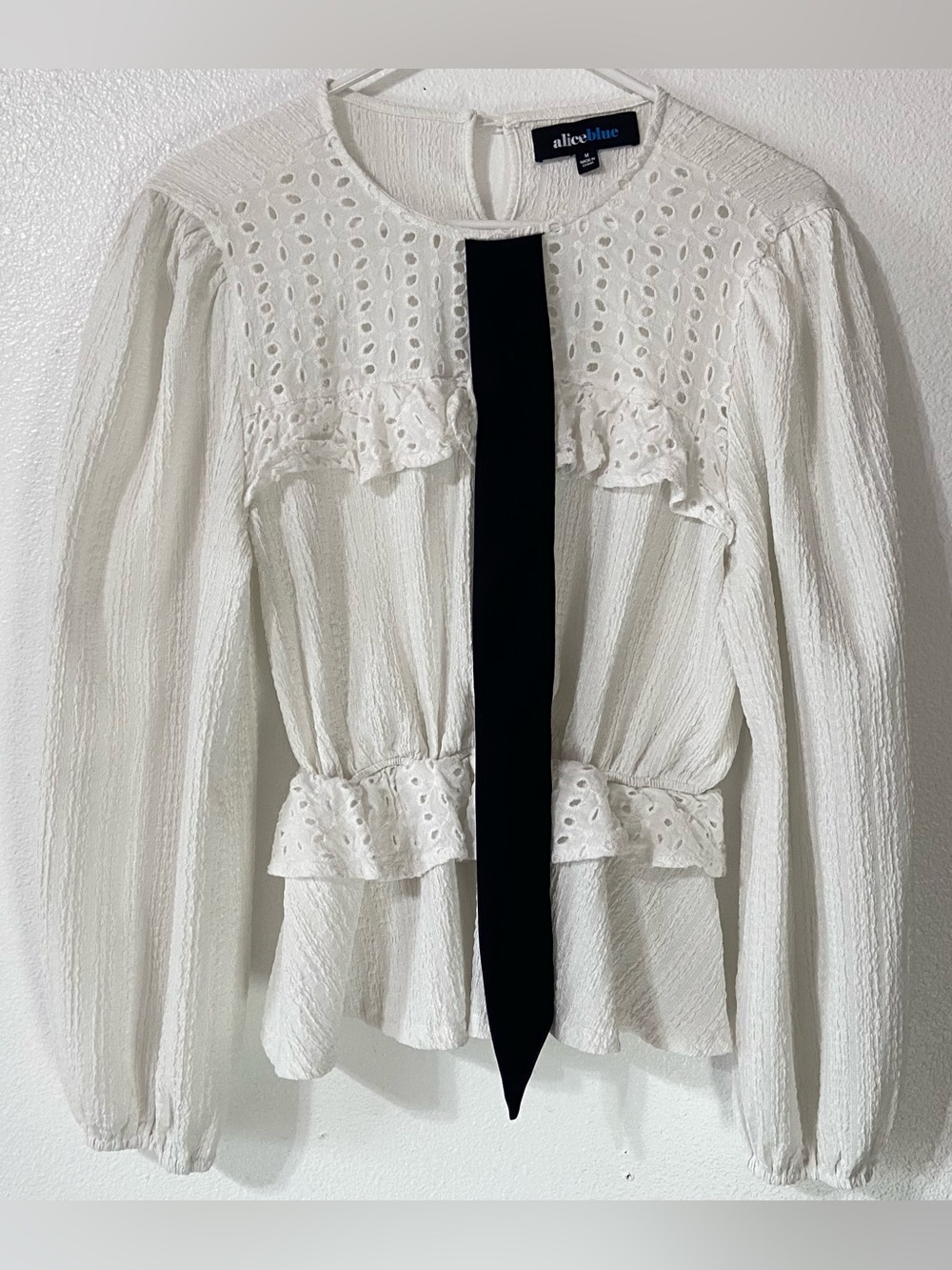 Coquette - Alice Blue White Eyelet Lace Peplum Blouse with Black Tie - M